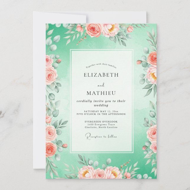Convite Casamento Floral em Verde Menta (Frente)