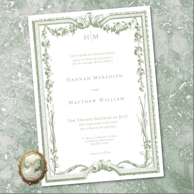 Convite Casamento Floral em Verde Sage Clássico Elegante (Classic Elegant Sage Green Floral Frame Wedding Invitation)