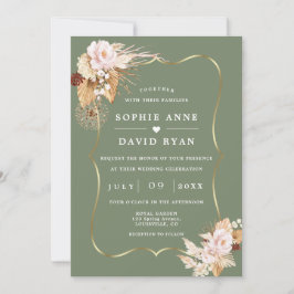 Convite Casamento Floral em Verde Sage Dourado Outono Tudo