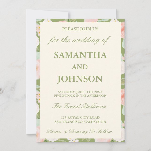 Convite Casamento Floral em Verde Sage Moderno e Marfim An (Frente)