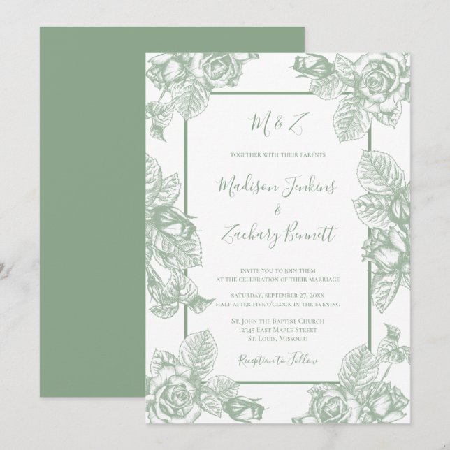 Convite Casamento Floral em Verde Salvia (Frente/Verso)