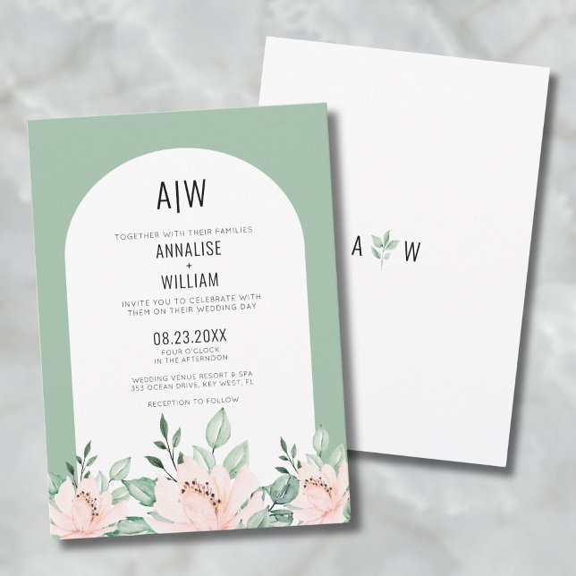 Convite Casamento Floral em Verde Salvia (Sage Green Arch Floral Wedding Invitation)
