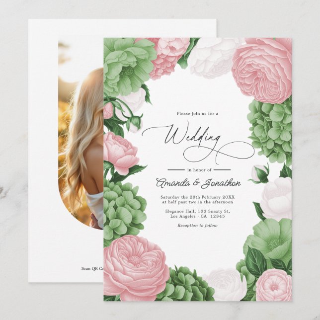 Convite Casamento Floral em Verde Salvia, Bege e Branco (Frente/Verso)