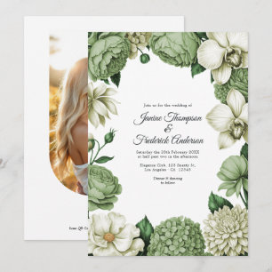 Convite Casamento Floral em Verde Salvia e Marfim em Aquar