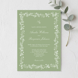 Convite Casamento Floral em Verde Sálvia Elegante