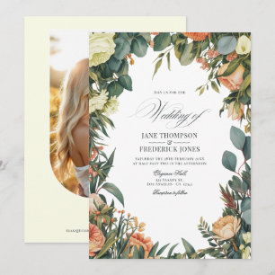 Convite Casamento Floral em Verde Salvia, Pêssego e Creme