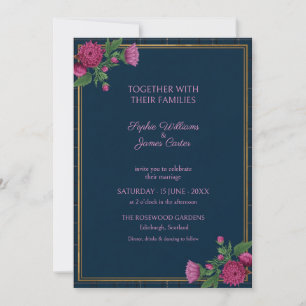 Convite Casamento Floral em Xadrez Naval