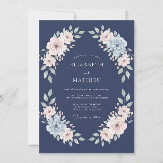Convite Casamento Floral Embrace Azul Marinho (Frente)