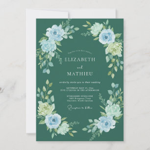 Convite Casamento Floral Encantador Azul-Cinzento