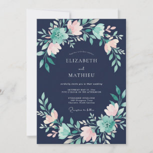 Convite Casamento Floral Encantador Azul Naval