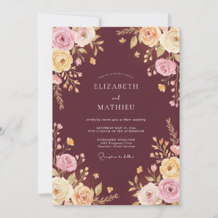 Convite Casamento Floral Encantador Borgonha