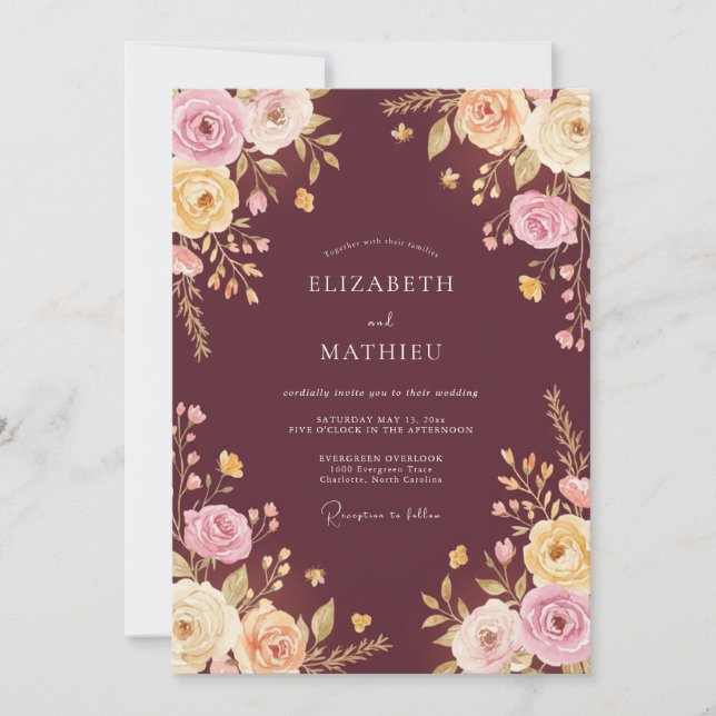 Convite Casamento Floral Encantador Borgonha (Frente)