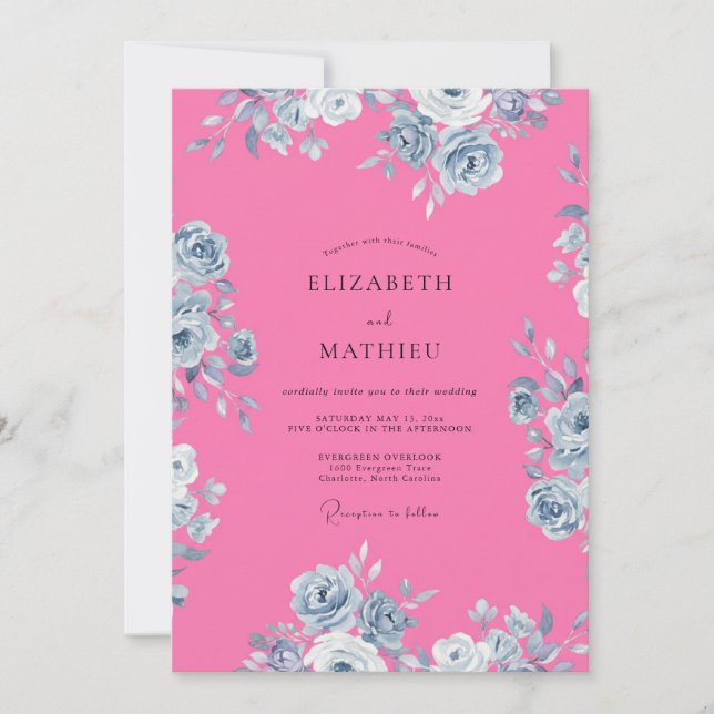 Convite Casamento Floral Energético Rosa Quente (Frente)