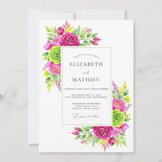Convite Casamento Floral Energético Verde Lima Magenta (Frente)