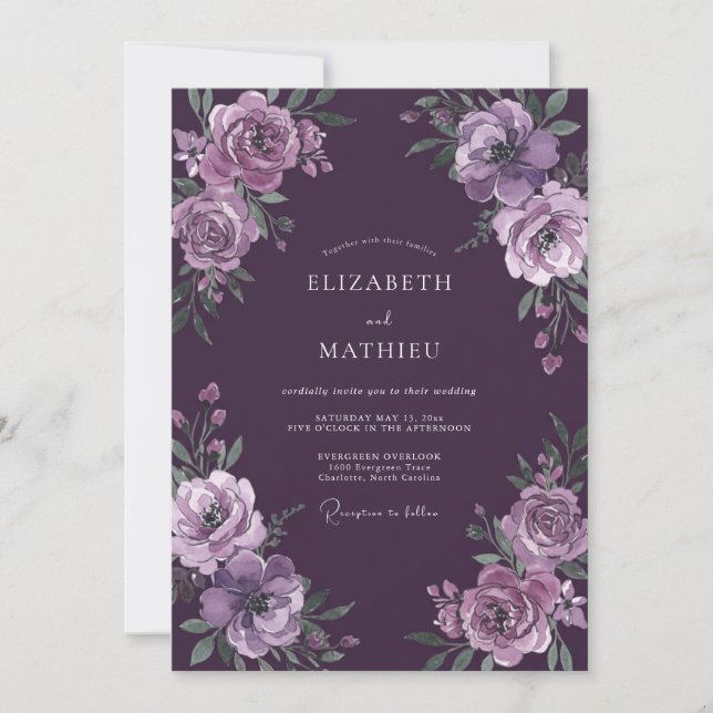Convite Casamento Floral Enigmático Ameixa (Frente)