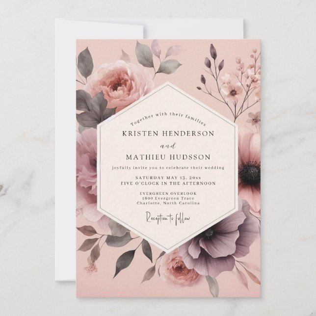 Convite Casamento Floral Enublado Rosa (Frente)