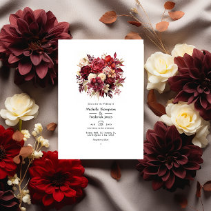 Convite Casamento Floral Escarlate, Marrom Escuro e Burgun