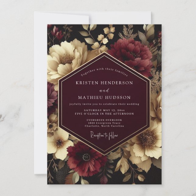 Convite Casamento Floral Escuro Borgonha (Frente)