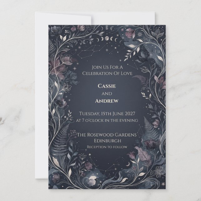 Convite Casamento Floral Escuro Celestial Lua (Frente)