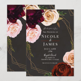 Convite Casamento Floral Escuro Moderno Marrom e Dourado R