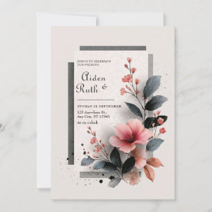 Convite Casamento Floral Escuro Rosa Moderno Abstrato