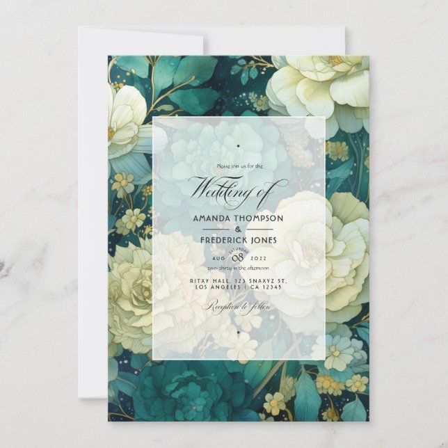 Convite Casamento Floral Esmeralda, Creme e Dourado (Frente)