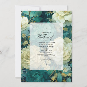 Convite Casamento Floral Esmeralda, Creme e Dourado