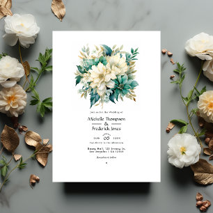 Convite Casamento Floral Esmeralda, Creme e Dourado
