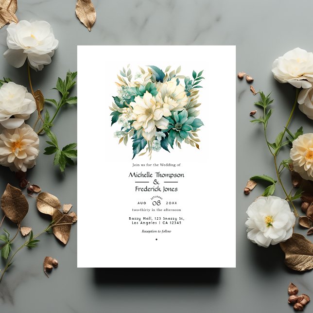 Convite Casamento Floral Esmeralda, Creme e Dourado (Criador carregado)