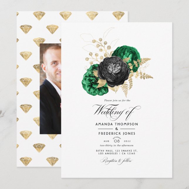 Convite Casamento Floral Esmeralda e Dourado (Frente/Verso)