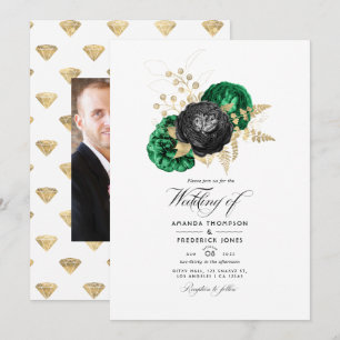 Convite Casamento Floral Esmeralda e Dourado