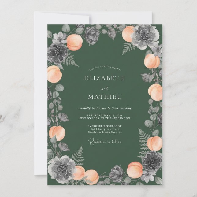 Convite Casamento Floral Esmeralda e Pêssego (Frente)