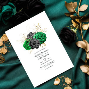 Convite Casamento Floral Esmeralda Escuro e Dourado