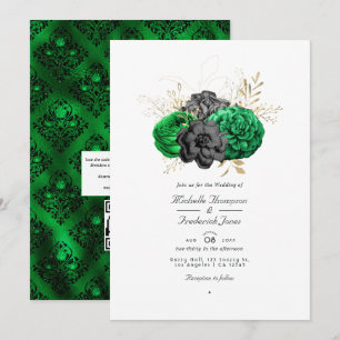 Convite Casamento Floral Esmeralda Escuro e Dourado com RS