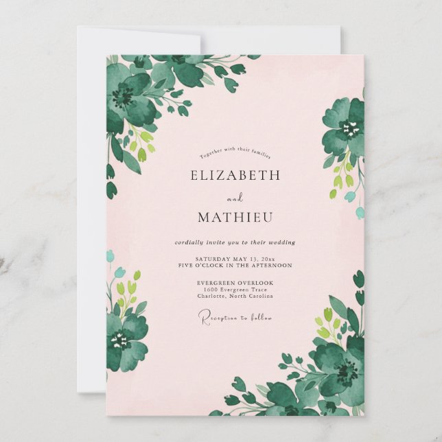 Convite Casamento Floral Esmeralda Rosa Suave (Frente)
