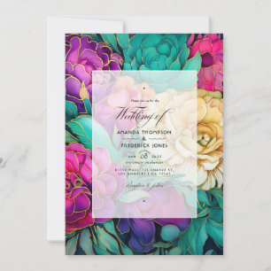 Convite Casamento Floral Esmeralda, Rosa Vibrante e Dourad