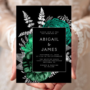Convite Casamento Floral Esmeralda Verde Preto Prata Elega