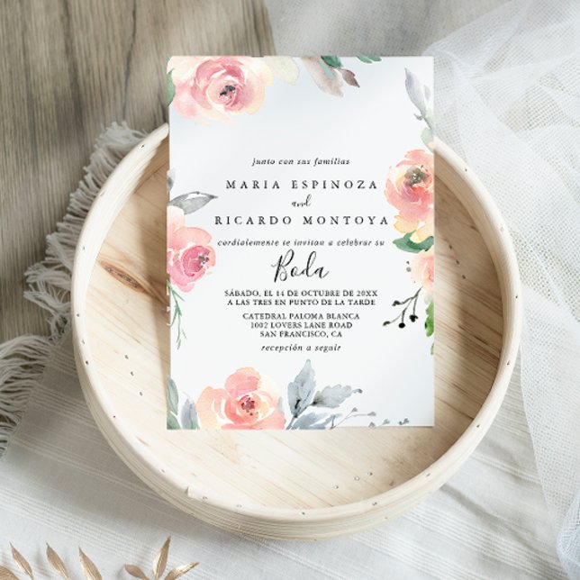 Convite Casamento Floral Espanhol de Blush Rosa Elegante (Criador carregado)