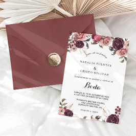 Convite Casamento Floral Espanhol Elegante Burgundy Summer