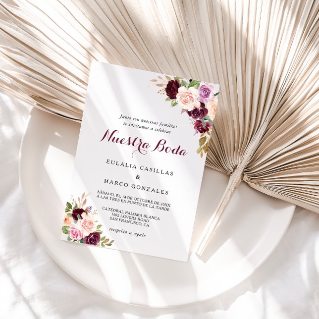 Convite Casamento Floral Espanhol Verde Blush Burgundy (Criador carregado)