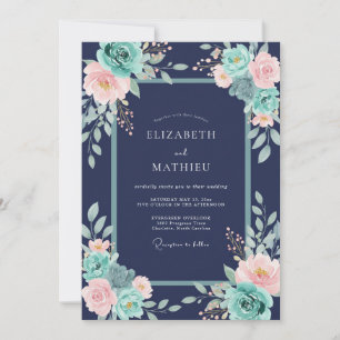 Convite Casamento Floral Esplêndido Azul Marinho