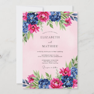 Convite Casamento Floral Esplêndido Azul-Marinho Rosa