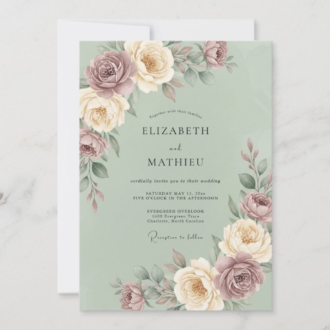 Convite Casamento Floral Esplêndido em Verde Sálvia (Frente)