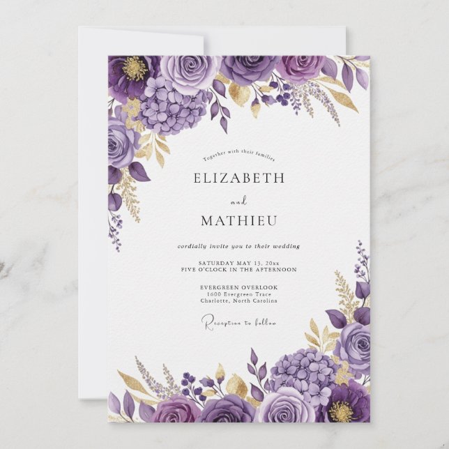 Convite Casamento Floral Esplêndido Roxo (Frente)