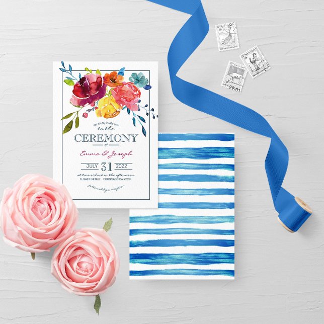Convite Casamento floral estriado de Bright Summer Sea (Criador carregado)