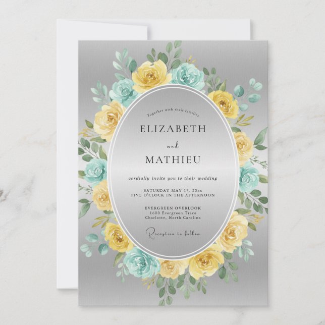 Convite Casamento Floral Etéreo Amarelo Aqua (Frente)