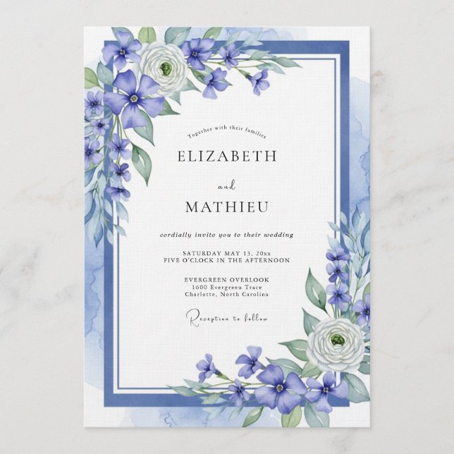 Convite Casamento Floral Etéreo Azul (Frente)