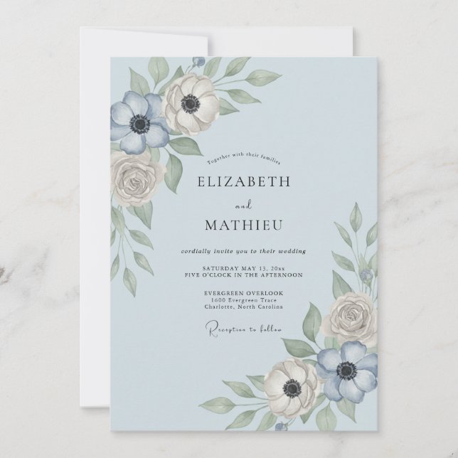 Convite Casamento Floral Etéreo Azul Aço (Frente)
