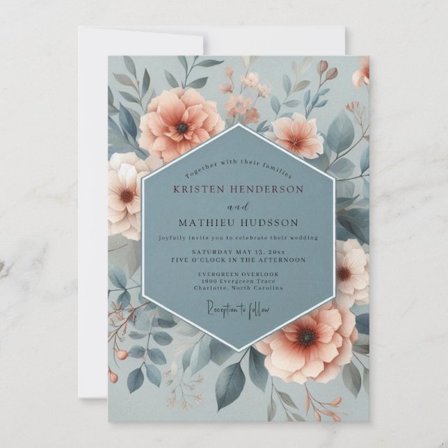 Convite Casamento Floral Etéreo Azul Ardesia (Frente)