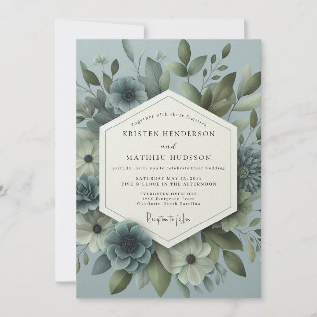 Convite Casamento Floral Etéreo Azul Ardósia (Frente)